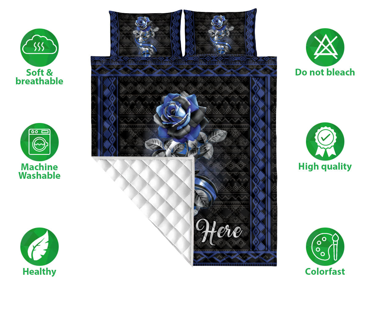 Ohaprints-Quilt-Bed-Set-Pillowcase-Police-Thin-Blue-Line-Rose-Floral-Boho-Pattern-Custom-Personalized-Name-Blanket-Bedspread-Bedding-211-Double (70'' x 80'')