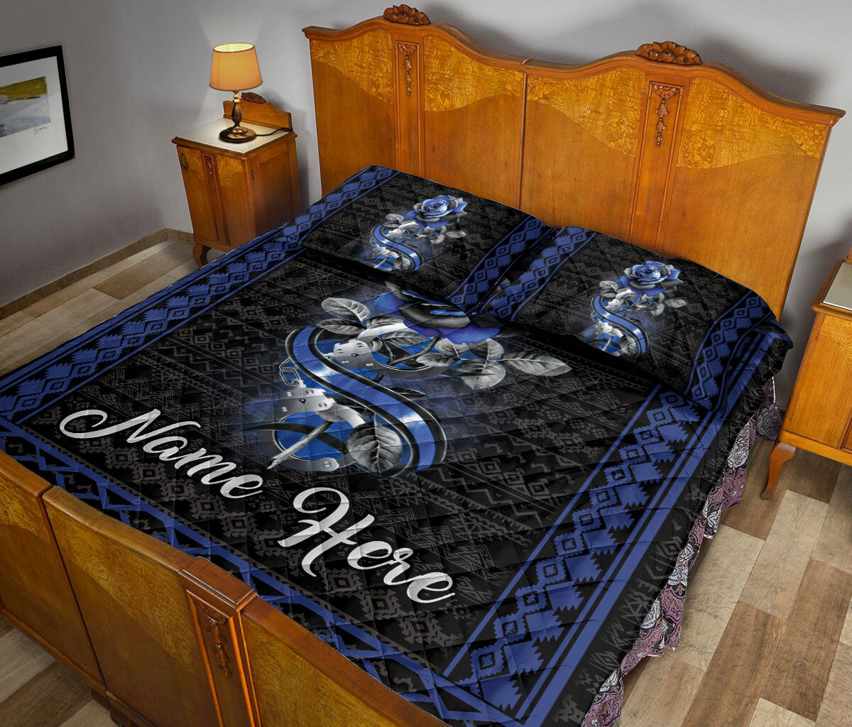 Ohaprints-Quilt-Bed-Set-Pillowcase-Police-Thin-Blue-Line-Rose-Floral-Boho-Pattern-Custom-Personalized-Name-Blanket-Bedspread-Bedding-211-Queen (80'' x 90'')