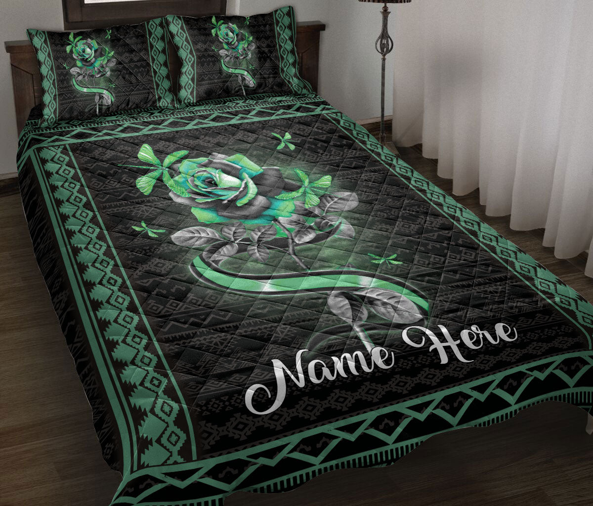 Ohaprints-Quilt-Bed-Set-Pillowcase-Dragonfly-Green-Rose-Flower-Floral-Boho-Pattern-Custom-Personalized-Name-Blanket-Bedspread-Bedding-1382-Throw (55'' x 60'')