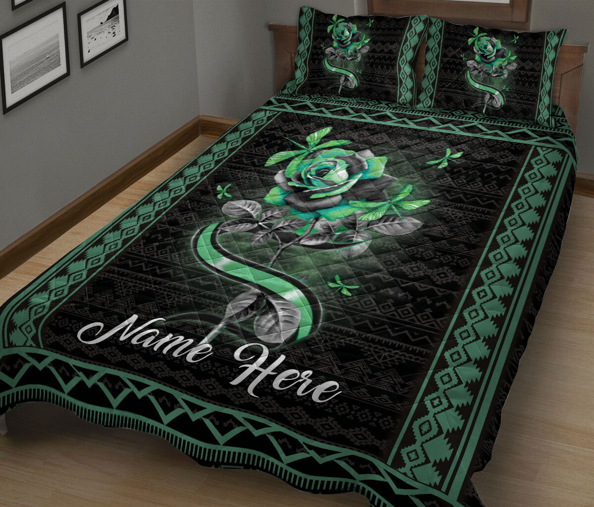 Ohaprints-Quilt-Bed-Set-Pillowcase-Dragonfly-Green-Rose-Flower-Floral-Boho-Pattern-Custom-Personalized-Name-Blanket-Bedspread-Bedding-1382-King (90'' x 100'')