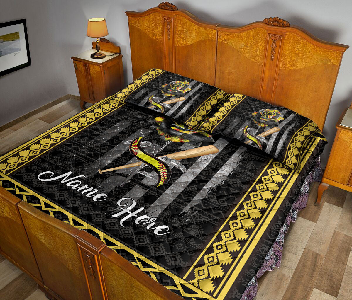 Ohaprints-Quilt-Bed-Set-Pillowcase-Softball-Yellow-Rose-Flower-Floral-Boho-Pattern-Custom-Personalized-Name-Blanket-Bedspread-Bedding-1970-Queen (80'' x 90'')