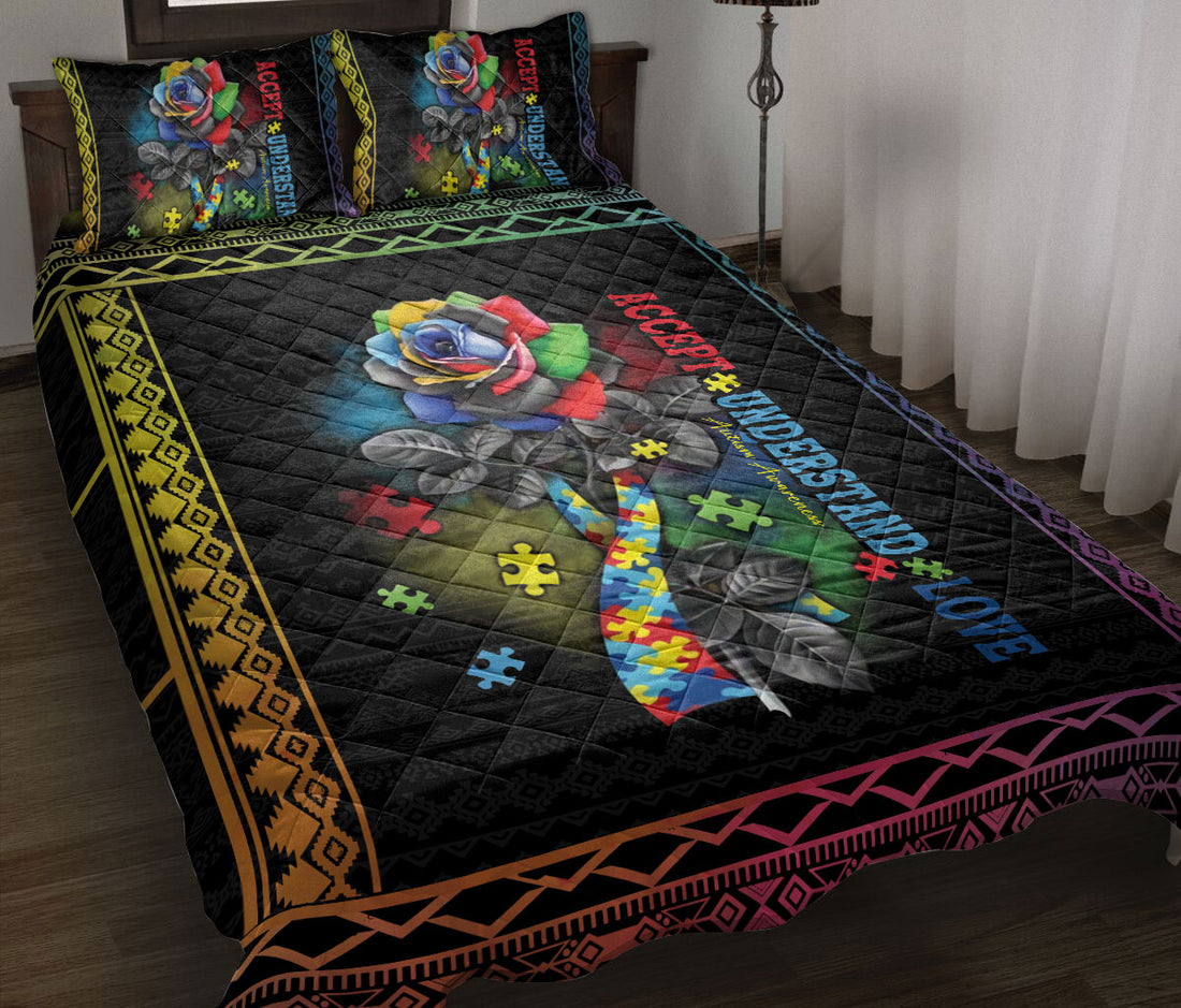 Ohaprints-Quilt-Bed-Set-Pillowcase-Autism-Awareness-Accept-Understand-Love-Rose-Flower-Floral-Boho-Pattern-Blanket-Bedspread-Bedding-2562-Throw (55'' x 60'')