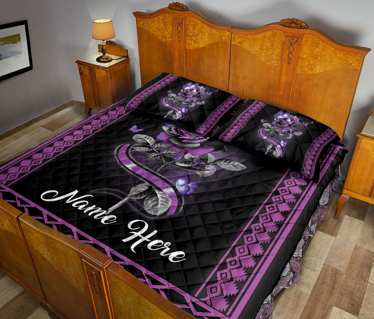 Ohaprints-Quilt-Bed-Set-Pillowcase-Butterfly-Purple-Rose-Flower-Floral-Boho-Pattern-Custom-Personalized-Name-Blanket-Bedspread-Bedding-1910-Queen (80'' x 90'')