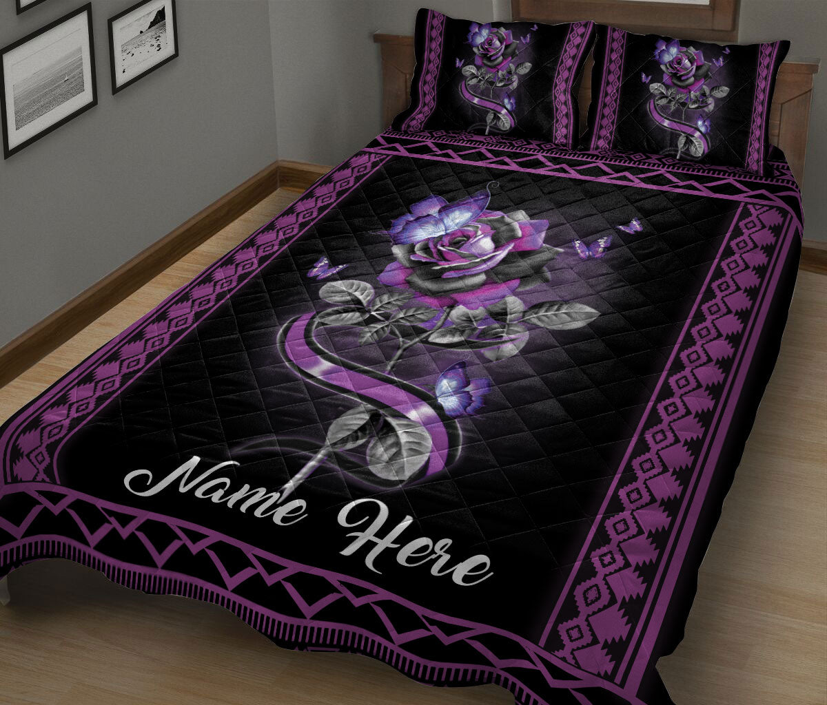 Ohaprints-Quilt-Bed-Set-Pillowcase-Butterfly-Purple-Rose-Flower-Floral-Boho-Pattern-Custom-Personalized-Name-Blanket-Bedspread-Bedding-1910-King (90'' x 100'')