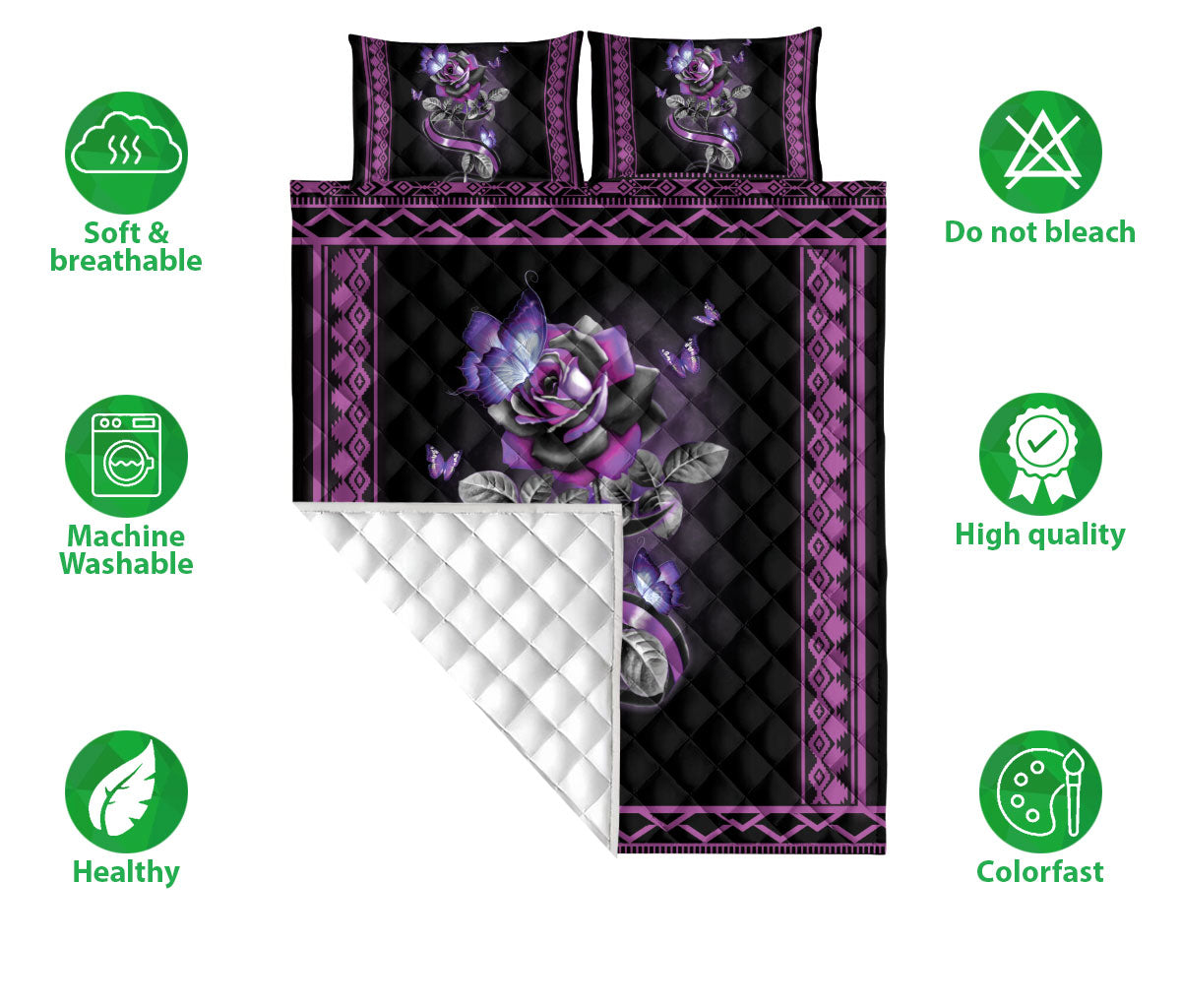 Ohaprints-Quilt-Bed-Set-Pillowcase-Butterfly-Purple-Rose-Flower-Floral-Boho-Pattern-Gift-For-Butterfly-Lover-Blanket-Bedspread-Bedding-212-Double (70'' x 80'')