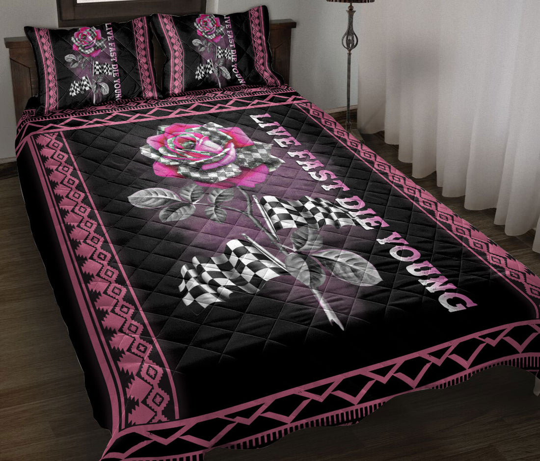 Ohaprints-Quilt-Bed-Set-Pillowcase-Racing-Checkered-Flag-Pink-Rose-Flower-Floral-Boho-Pattern-Gift-For-Race-Fan-Blanket-Bedspread-Bedding-803-Throw (55'' x 60'')