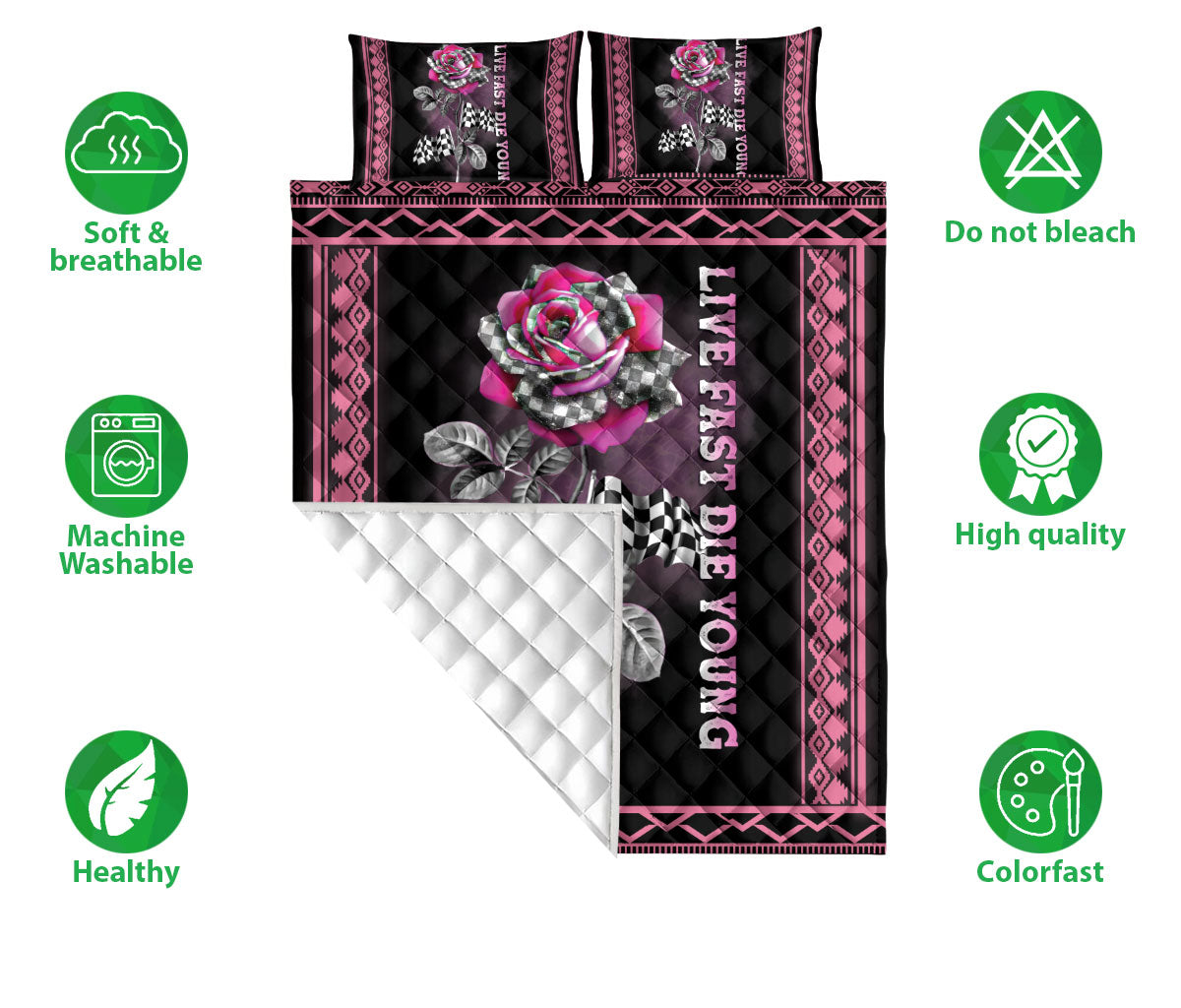 Ohaprints-Quilt-Bed-Set-Pillowcase-Racing-Checkered-Flag-Pink-Rose-Flower-Floral-Boho-Pattern-Gift-For-Race-Fan-Blanket-Bedspread-Bedding-803-Double (70'' x 80'')