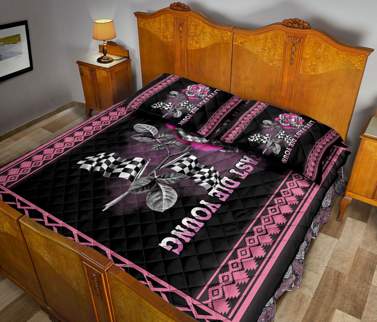 Ohaprints-Quilt-Bed-Set-Pillowcase-Racing-Checkered-Flag-Pink-Rose-Flower-Floral-Boho-Pattern-Gift-For-Race-Fan-Blanket-Bedspread-Bedding-803-Queen (80'' x 90'')