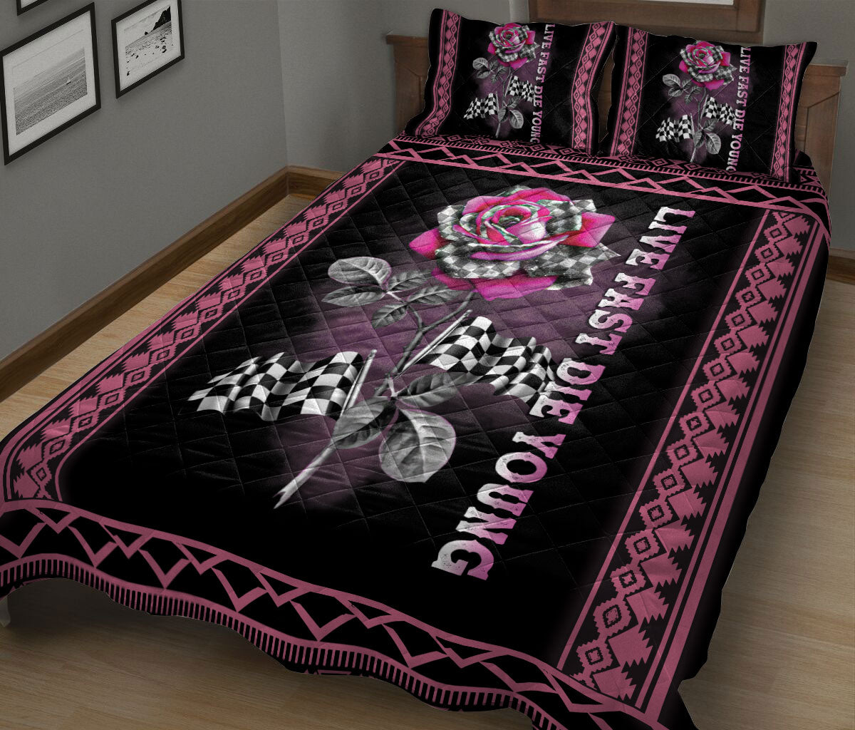 Ohaprints-Quilt-Bed-Set-Pillowcase-Racing-Checkered-Flag-Pink-Rose-Flower-Floral-Boho-Pattern-Gift-For-Race-Fan-Blanket-Bedspread-Bedding-803-King (90'' x 100'')