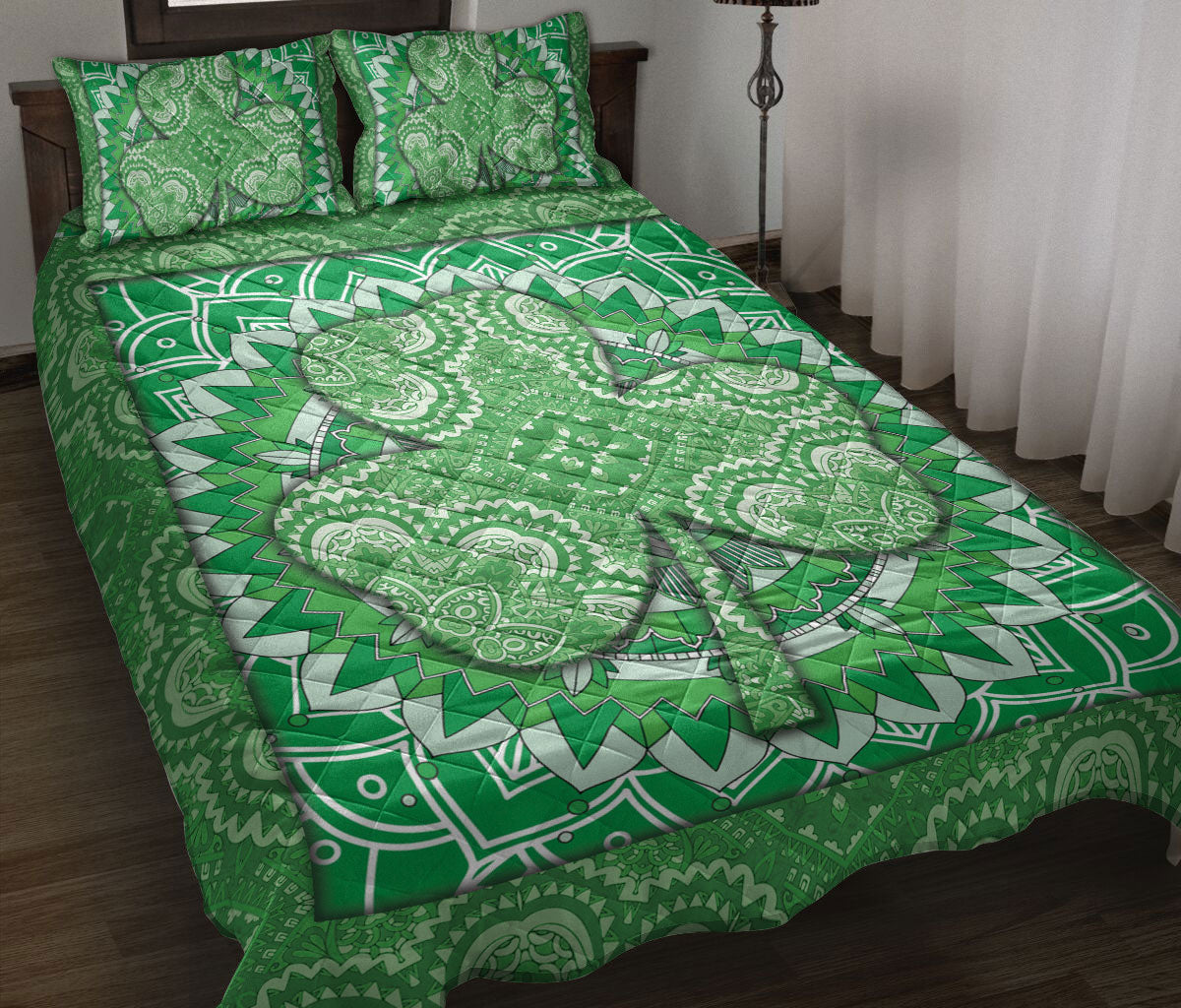 Ohaprints-Quilt-Bed-Set-Pillowcase-Ireland-Irish-Green-Shamrock-Green-Mandala-Floral-Pattern-Unique-Gift-Idea-Blanket-Bedspread-Bedding-894-Throw (55'' x 60'')