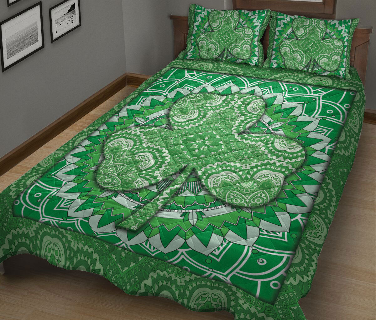 Ohaprints-Quilt-Bed-Set-Pillowcase-Ireland-Irish-Green-Shamrock-Green-Mandala-Floral-Pattern-Unique-Gift-Idea-Blanket-Bedspread-Bedding-894-King (90'' x 100'')