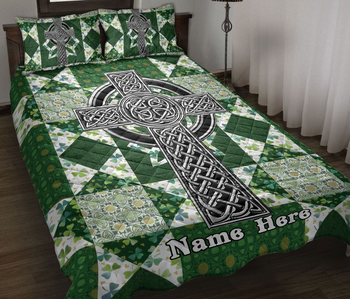 Ohaprints-Quilt-Bed-Set-Pillowcase-Irish-Celtic-Knot-Shamrock-Green-&-White-Patchwork-Custom-Personalized-Name-Blanket-Bedspread-Bedding-1088-Throw (55'' x 60'')