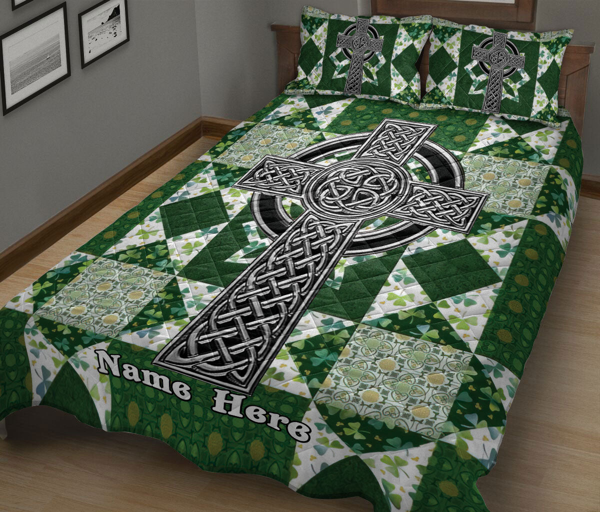 Ohaprints-Quilt-Bed-Set-Pillowcase-Irish-Celtic-Knot-Shamrock-Green-&-White-Patchwork-Custom-Personalized-Name-Blanket-Bedspread-Bedding-1088-King (90'' x 100'')