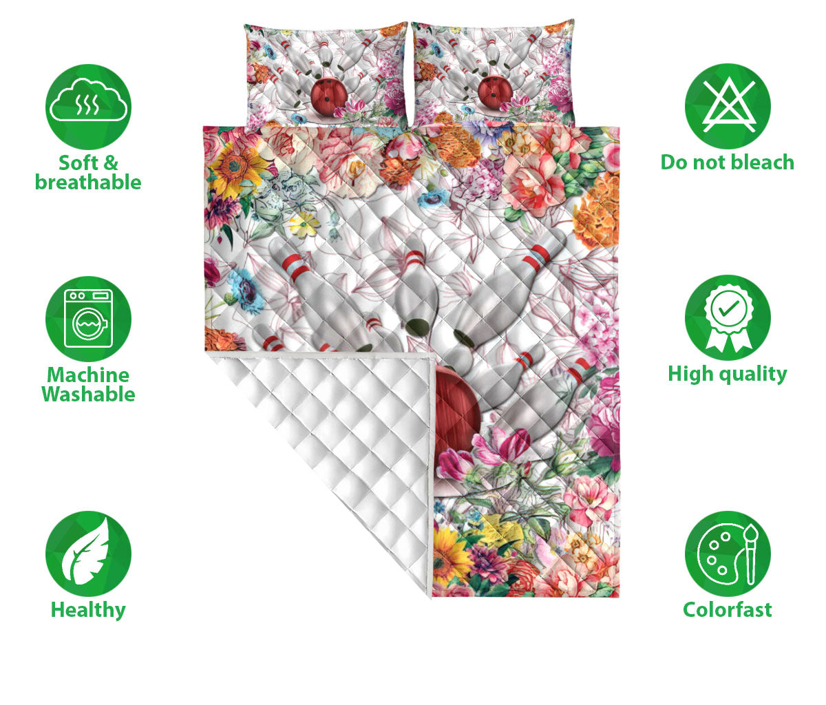 Ohaprints-Quilt-Bed-Set-Pillowcase-Bowling-Flower-Floral-Pattern-Unique-Gift-For-Sport-Lover-Blanket-Bedspread-Bedding-1474-Double (70'' x 80'')