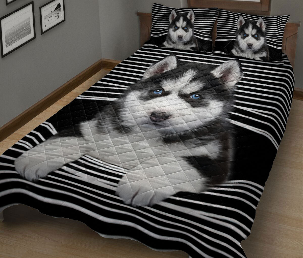 Ohaprints-Quilt-Bed-Set-Pillowcase-Husky-Black-And-White-Stripe-Pattern-Unique-Gift-For-Dog-Puppy-Pet-Lover-Blanket-Bedspread-Bedding-2654-King (90'' x 100'')