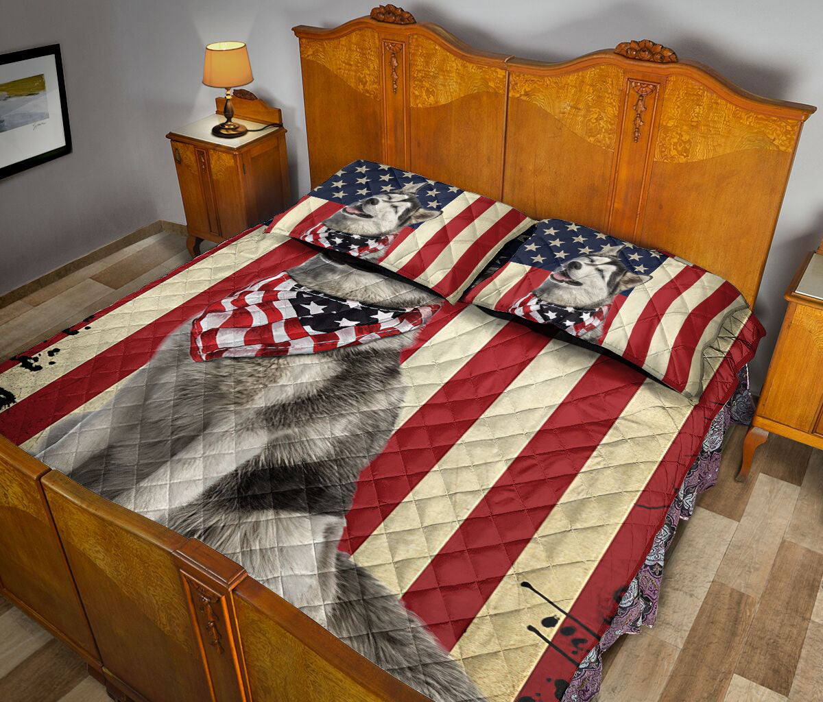 Ohaprints-Quilt-Bed-Set-Pillowcase-Husky-American-Us-Flag-Patriotic-Unique-Gift-For-Dog-Puppy-Pet-Lover-Blanket-Bedspread-Bedding-895-Queen (80'' x 90'')