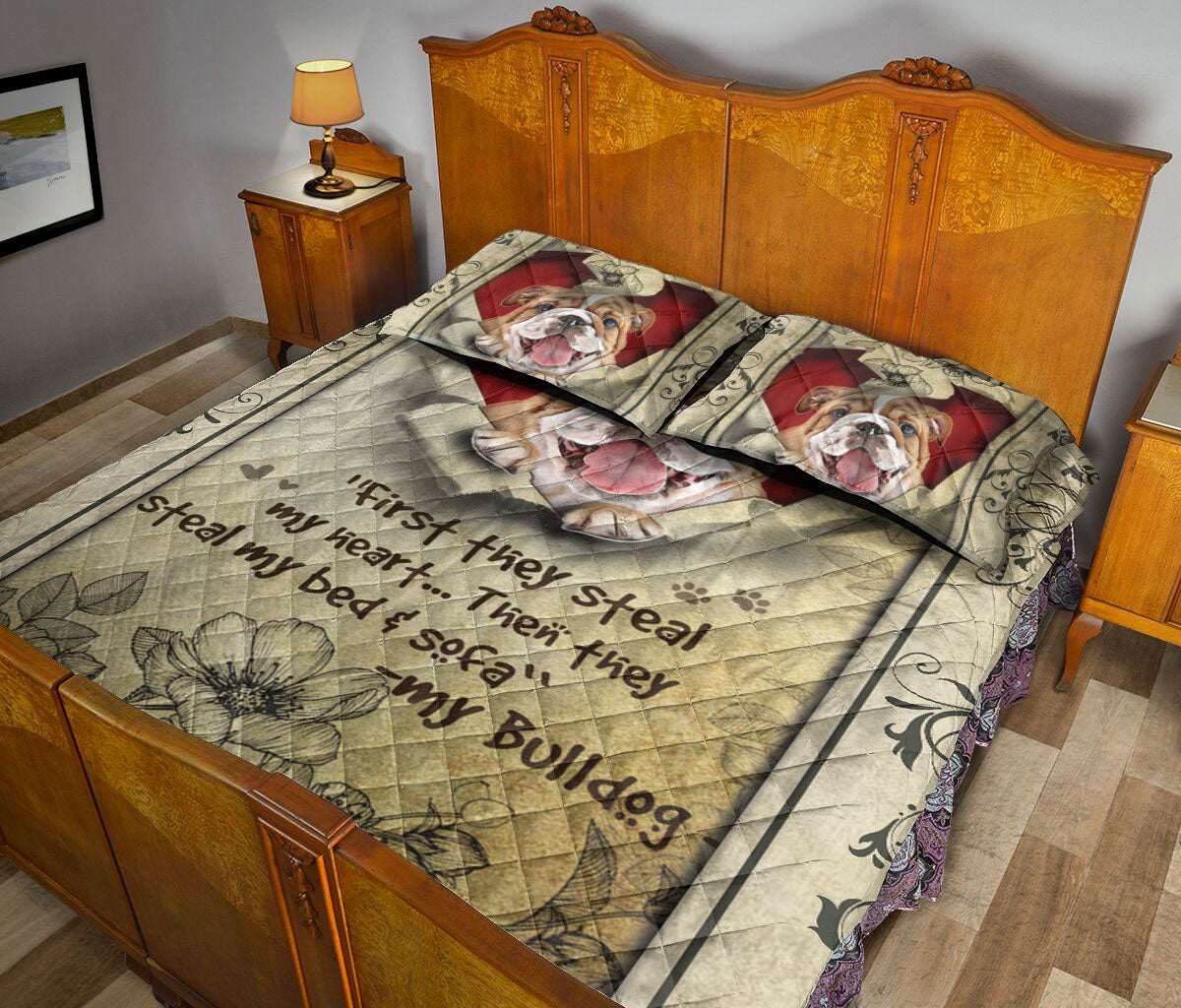 Ohaprints-Quilt-Bed-Set-Pillowcase-English-Bulldog-They-Steal-My-Heart-Floral-Pattern-Beige-Gift-For-Dog-Lover-Blanket-Bedspread-Bedding-1475-Queen (80'' x 90'')