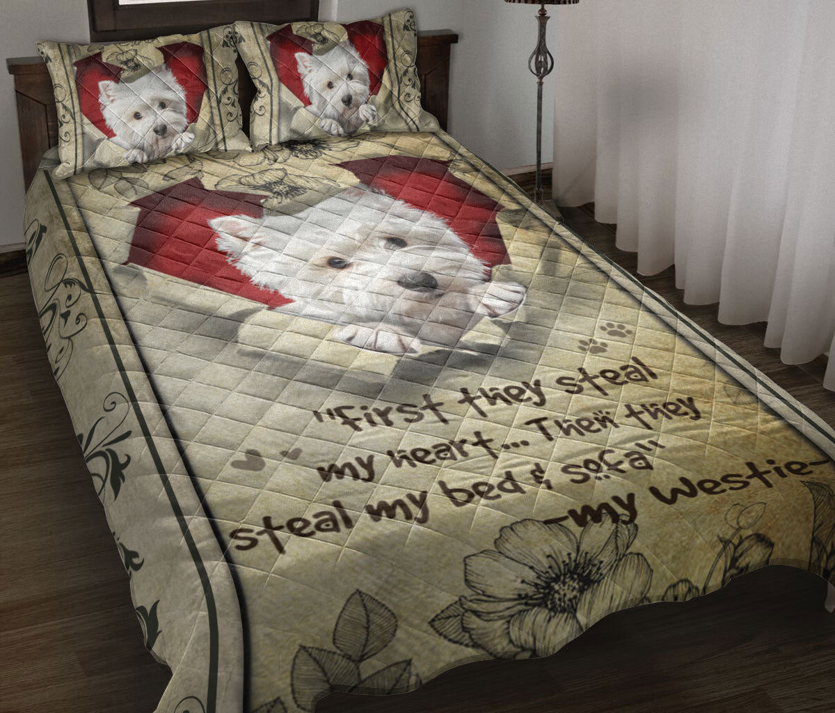 Ohaprints-Quilt-Bed-Set-Pillowcase-West-Highland-White-Terrier-They-Steal-My-Heart-Floral-Beige-For-Dog-Lover-Blanket-Bedspread-Bedding-2060-Throw (55'' x 60'')