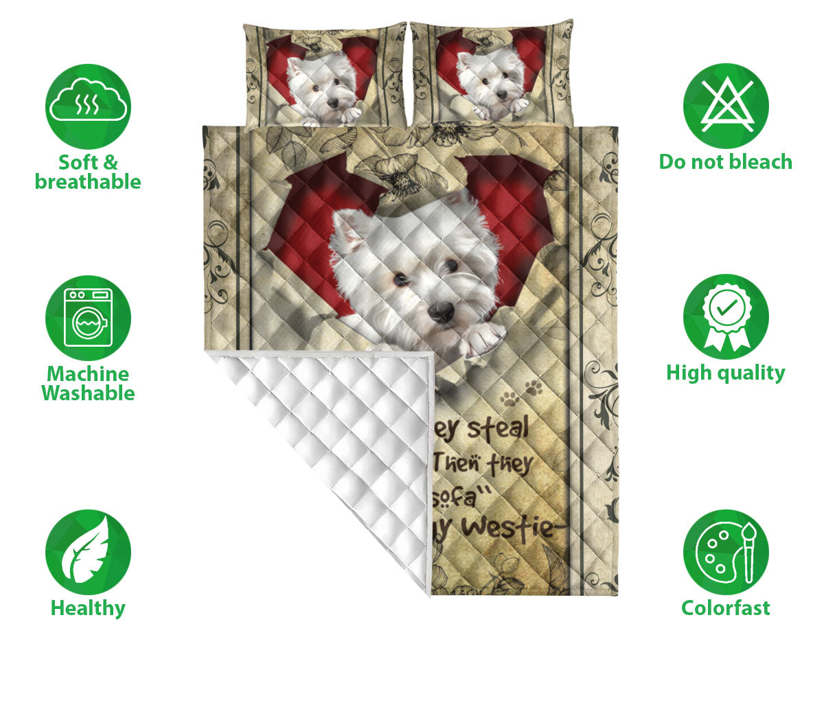 Ohaprints-Quilt-Bed-Set-Pillowcase-West-Highland-White-Terrier-They-Steal-My-Heart-Floral-Beige-For-Dog-Lover-Blanket-Bedspread-Bedding-2060-Double (70'' x 80'')