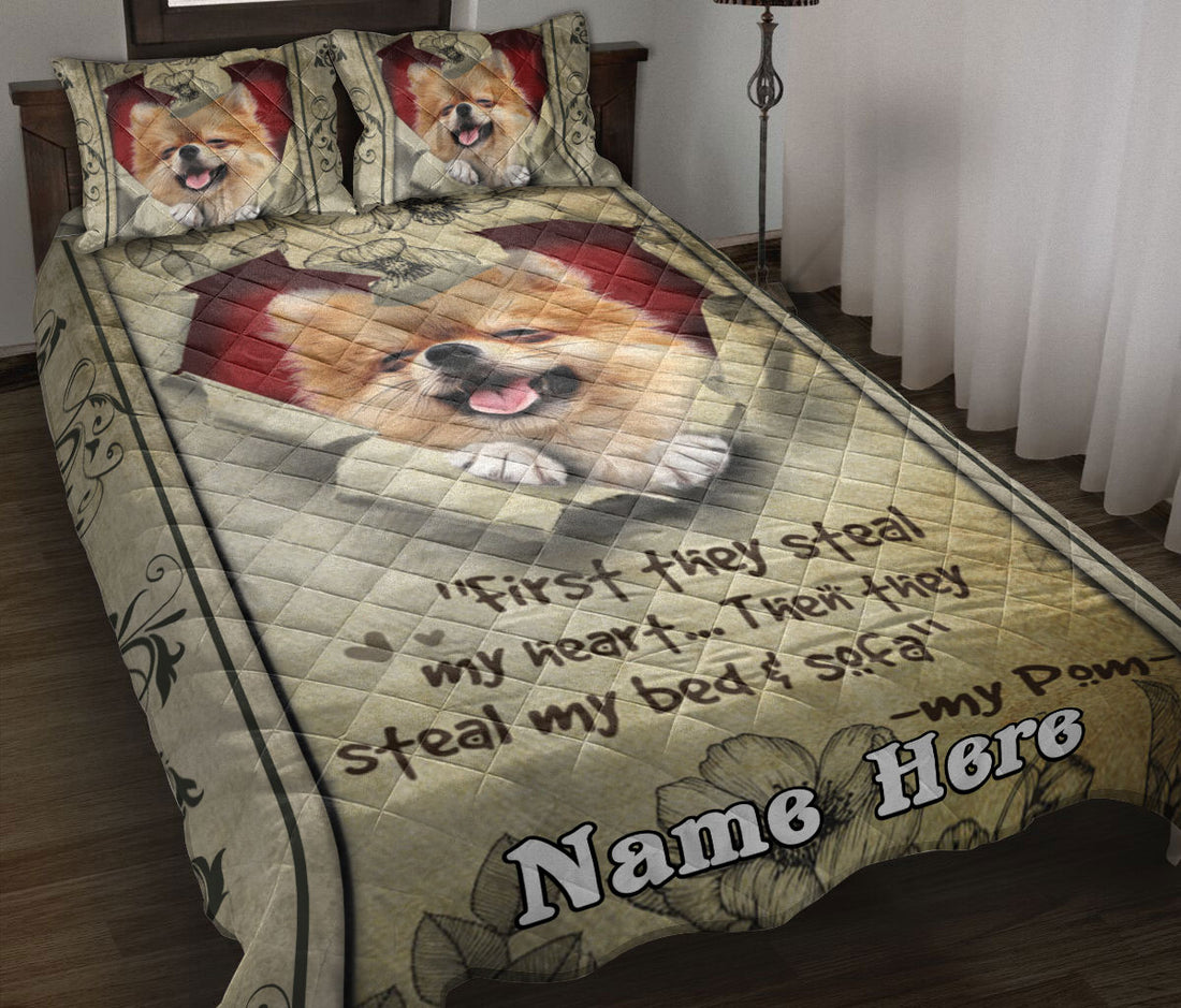 Ohaprints-Quilt-Bed-Set-Pillowcase-Pomeranian-Dog-They-Steal-My-Heart-Floral-Beige-Custom-Personalized-Name-Blanket-Bedspread-Bedding-1671-Throw (55'' x 60'')