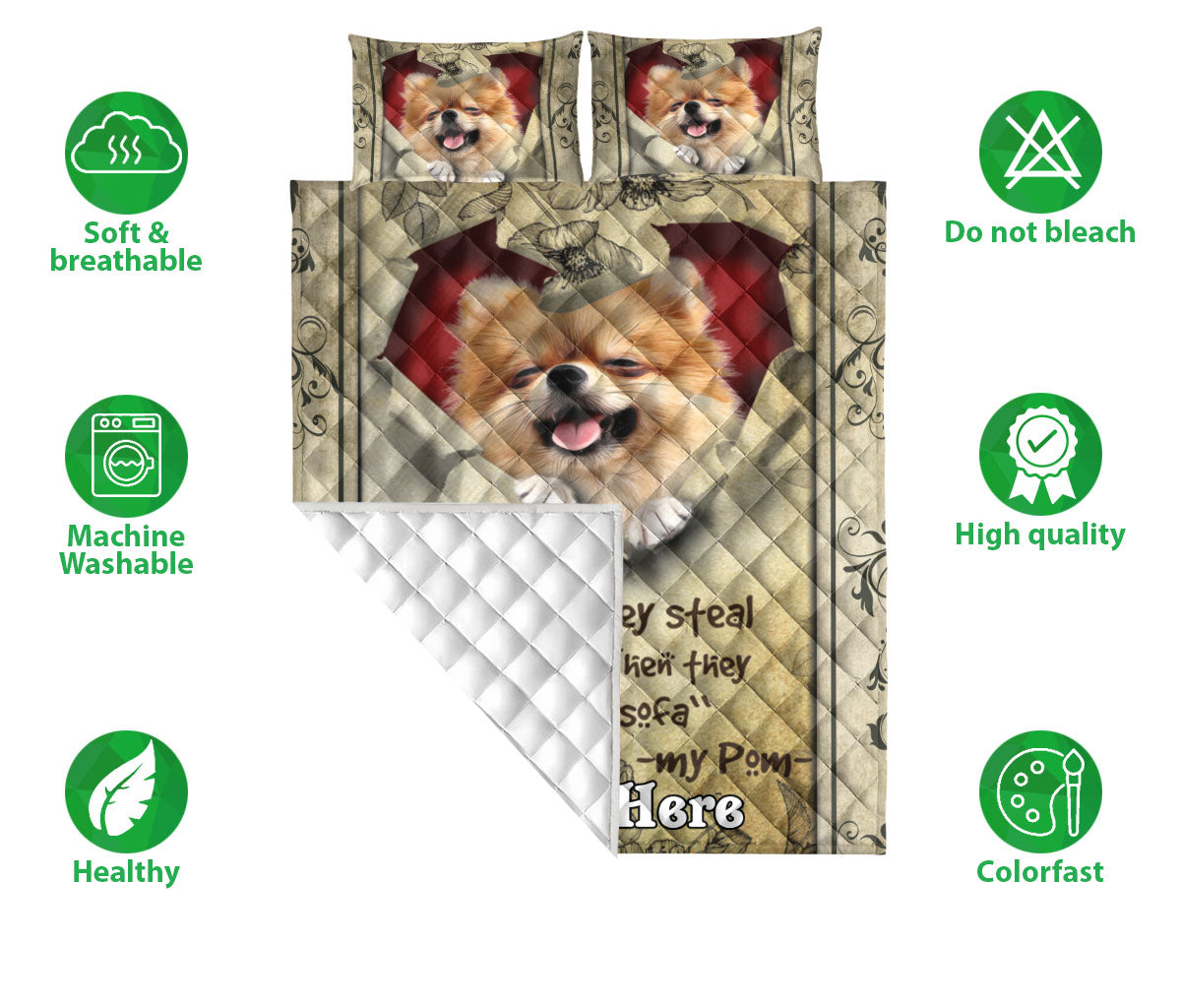 Ohaprints-Quilt-Bed-Set-Pillowcase-Pomeranian-Dog-They-Steal-My-Heart-Floral-Beige-Custom-Personalized-Name-Blanket-Bedspread-Bedding-1671-Double (70'' x 80'')