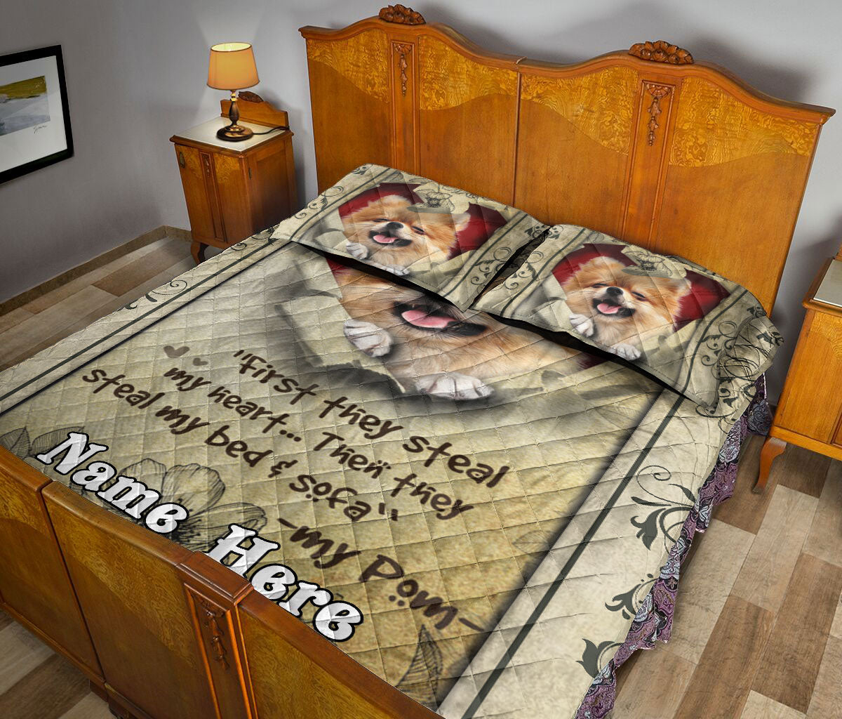 Ohaprints-Quilt-Bed-Set-Pillowcase-Pomeranian-Dog-They-Steal-My-Heart-Floral-Beige-Custom-Personalized-Name-Blanket-Bedspread-Bedding-1671-Queen (80'' x 90'')