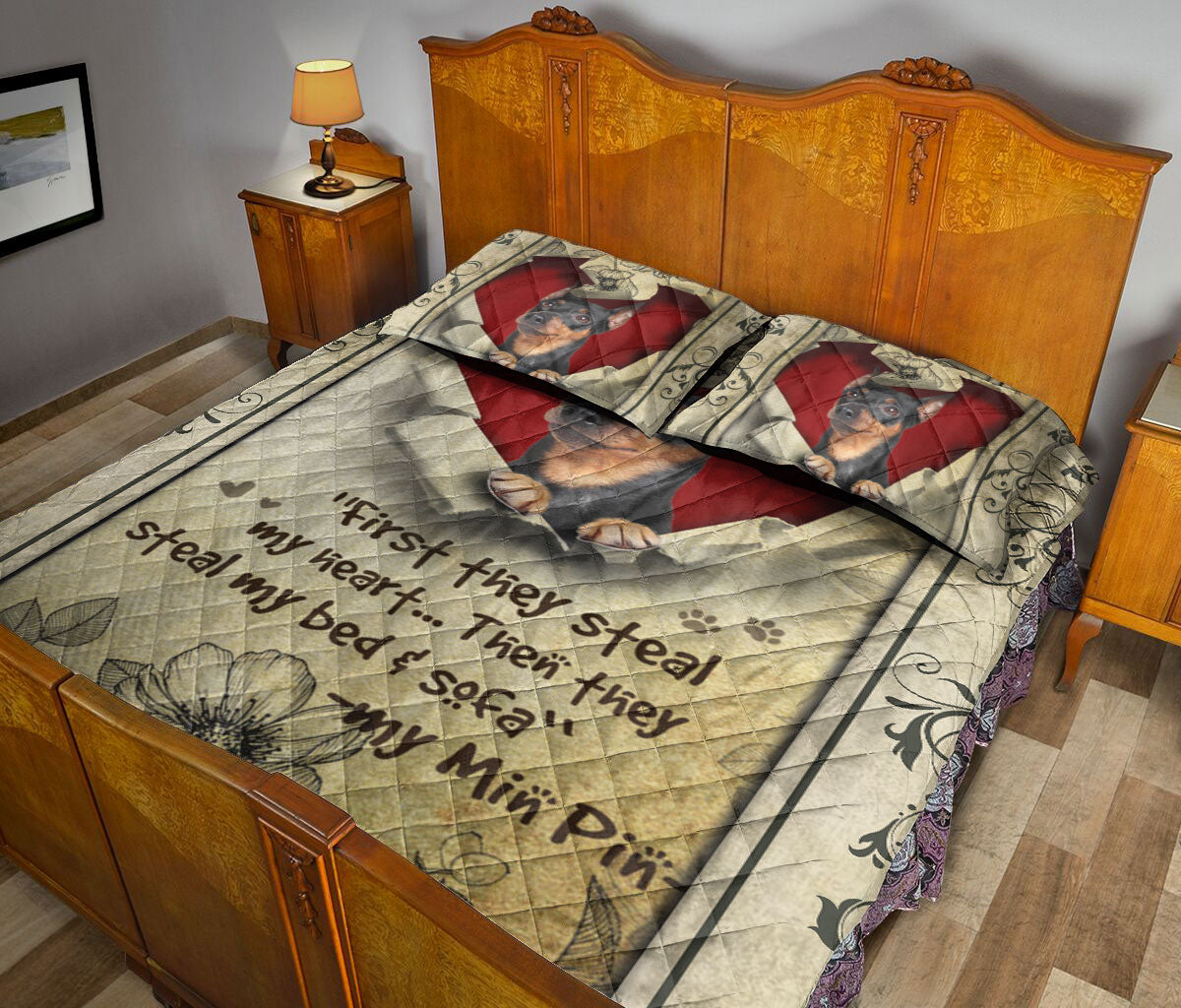 Ohaprints-Quilt-Bed-Set-Pillowcase-Miniature-Pinscher-They-Steal-My-Heart-Floral-Beige-Gift-For-Dog-Puppy-Lover-Blanket-Bedspread-Bedding-304-Queen (80'' x 90'')