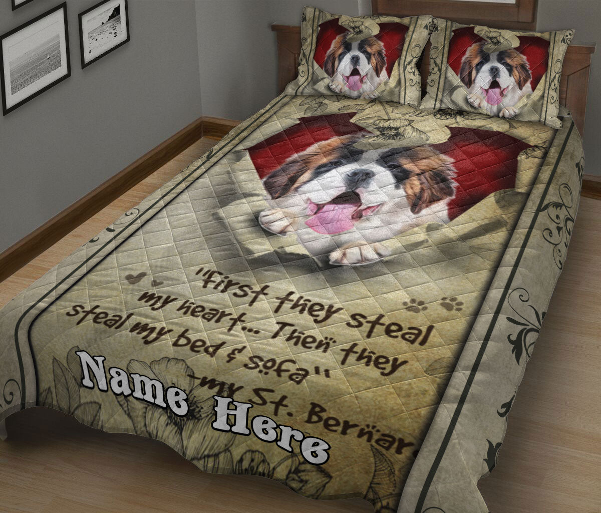 Ohaprints-Quilt-Bed-Set-Pillowcase-St.-Bernard-Dog-They-Steal-My-Heart-Floral-Beige-Gift-For-Dog-Puppy-Pet-Lover-Blanket-Bedspread-Bedding-896-King (90'' x 100'')