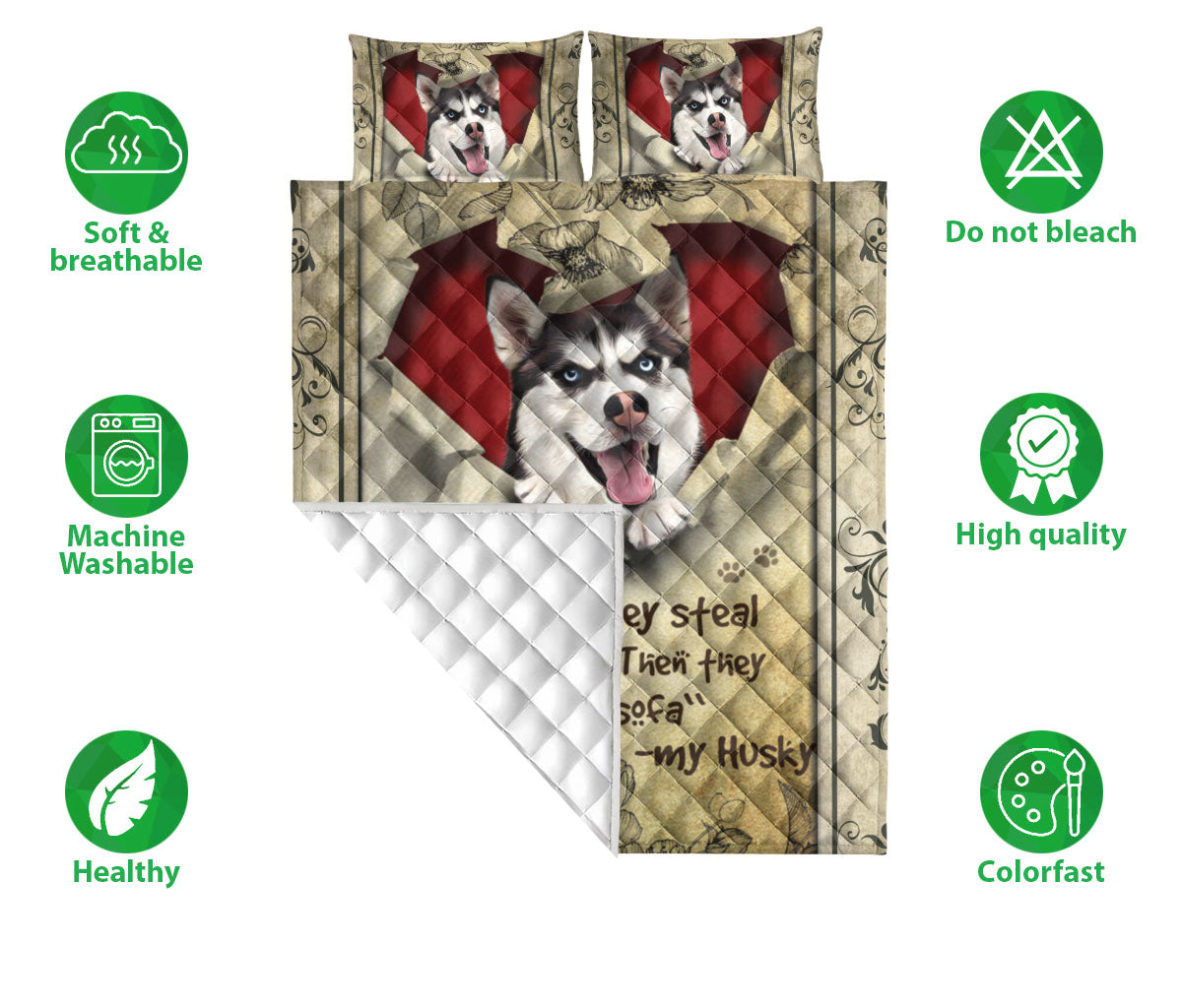 Ohaprints-Quilt-Bed-Set-Pillowcase-Husky-Sibir-Dog-They-Steal-My-Heart-Floral-Beige-Gift-For-Dog-Puppy-Pet-Lover-Blanket-Bedspread-Bedding-1476-Double (70'' x 80'')