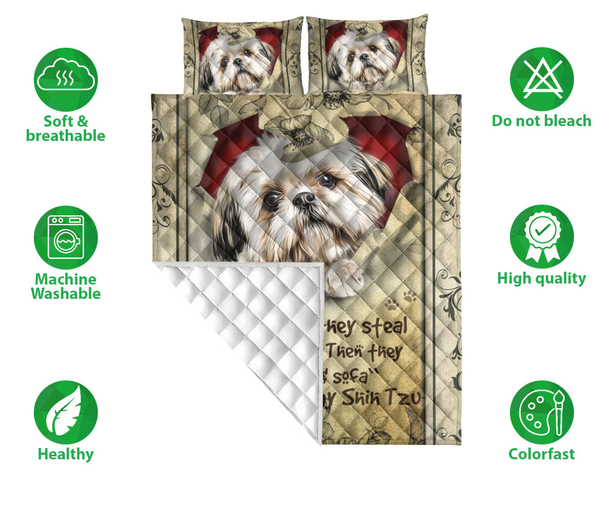 Ohaprints-Quilt-Bed-Set-Pillowcase-Shih-Tzu-Dog-They-Steal-My-Heart-Floral-Beige-Gift-For-Dog-Puppy-Pet-Lover-Blanket-Bedspread-Bedding-2061-Double (70'' x 80'')