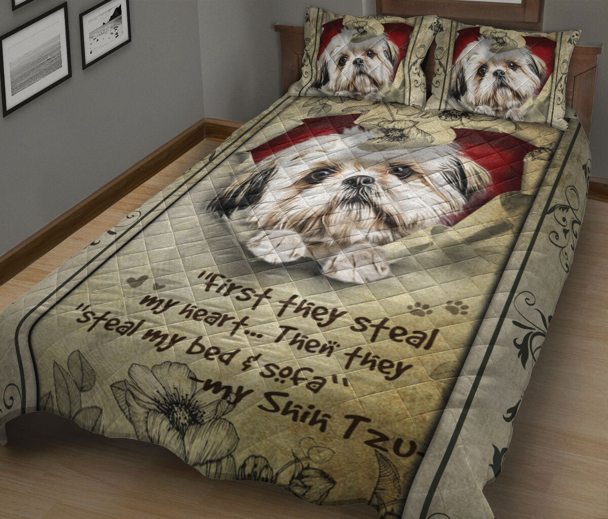 Ohaprints-Quilt-Bed-Set-Pillowcase-Shih-Tzu-Dog-They-Steal-My-Heart-Floral-Beige-Gift-For-Dog-Puppy-Pet-Lover-Blanket-Bedspread-Bedding-2061-King (90'' x 100'')