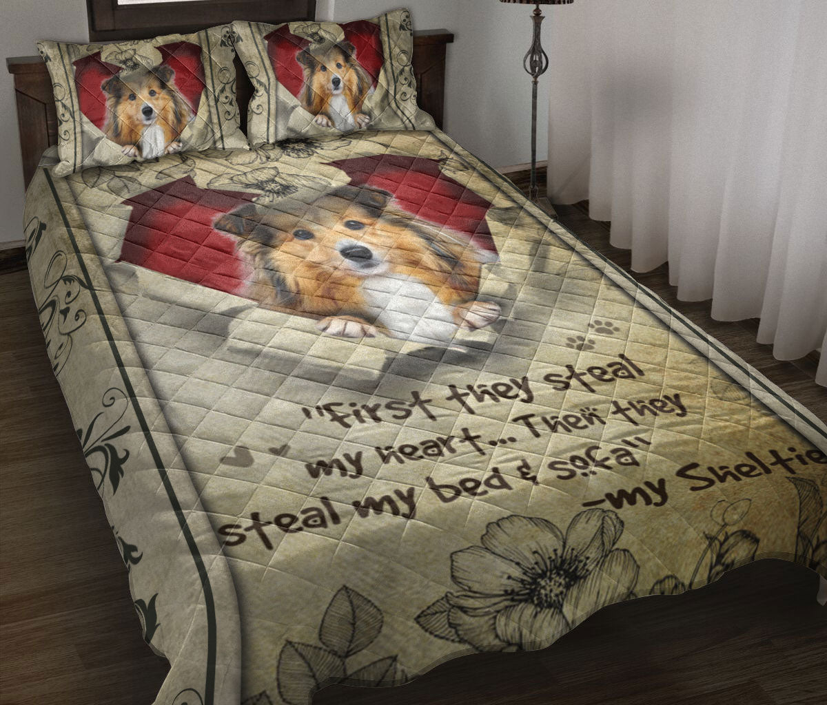 Ohaprints-Quilt-Bed-Set-Pillowcase-Sheltie-Shetland-Sheepdog-Dog-They-Steal-My-Heart-Floral-Beige-For-Dog-Lover-Blanket-Bedspread-Bedding-2656-Throw (55'' x 60'')