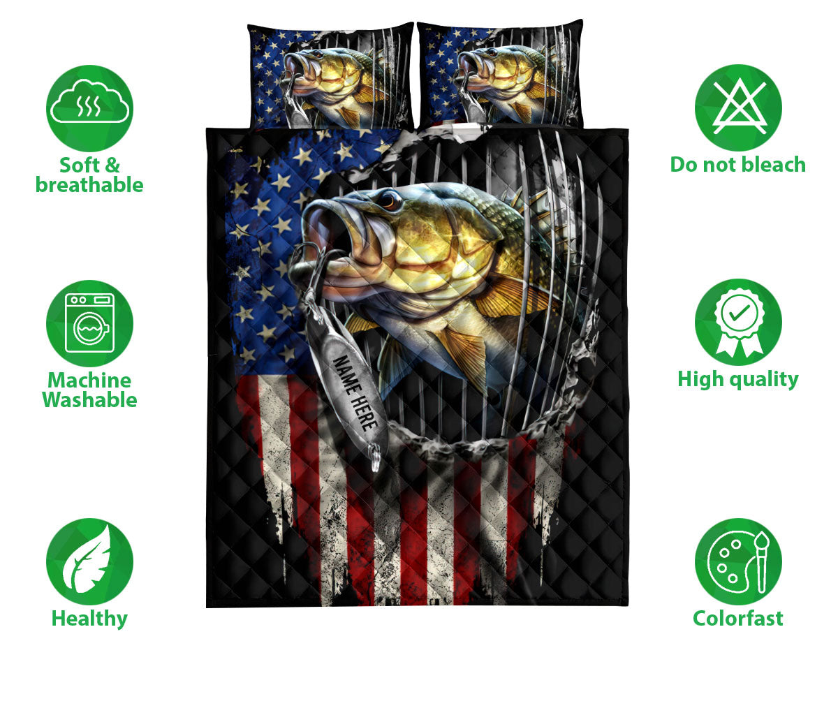 Ohaprints-Quilt-Bed-Set-Pillowcase-Fishing-Big-Bass-Fish-American-Us-Flag-Fisherman-Gift-Custom-Personalized-Name-Blanket-Bedspread-Bedding-2283-Double (70'' x 80'')