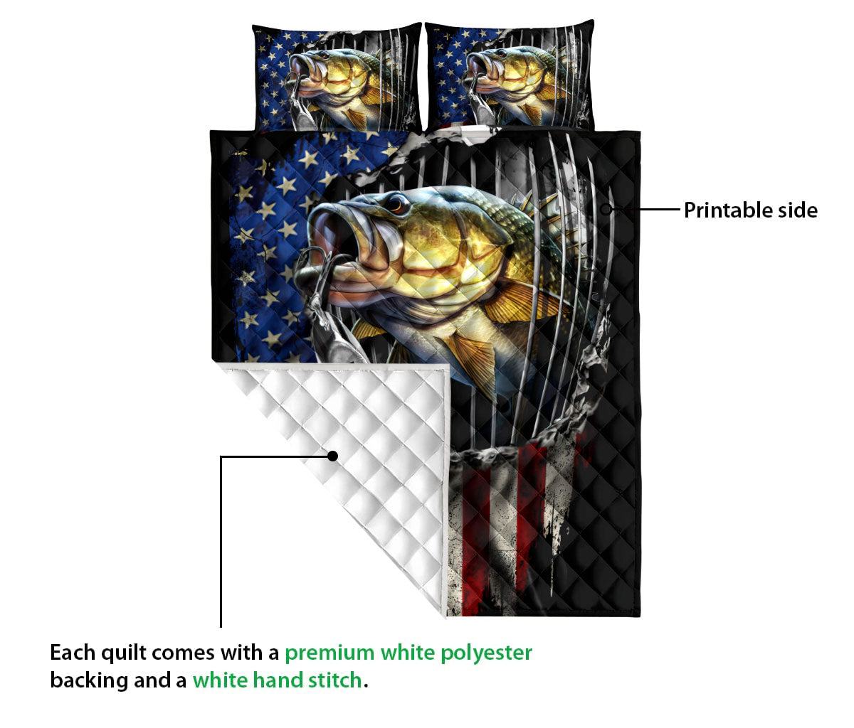 Ohaprints-Quilt-Bed-Set-Pillowcase-Fishing-Big-Bass-Fish-American-Us-Flag-Fisherman-Gift-Custom-Personalized-Name-Blanket-Bedspread-Bedding-2283-Queen (80'' x 90'')