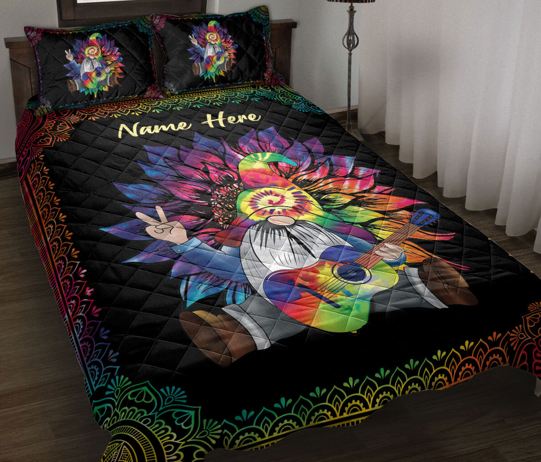 Ohaprints-Quilt-Bed-Set-Pillowcase-Hippie-Tie-Dye-Gnome-Sunflower-Pattern-Custom-Personalized-Name-Blanket-Bedspread-Bedding-2387-Throw (55'' x 60'')