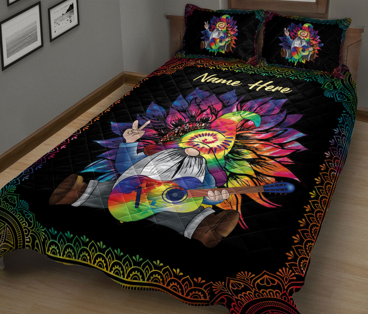 Ohaprints-Quilt-Bed-Set-Pillowcase-Hippie-Tie-Dye-Gnome-Sunflower-Pattern-Custom-Personalized-Name-Blanket-Bedspread-Bedding-2387-King (90'' x 100'')