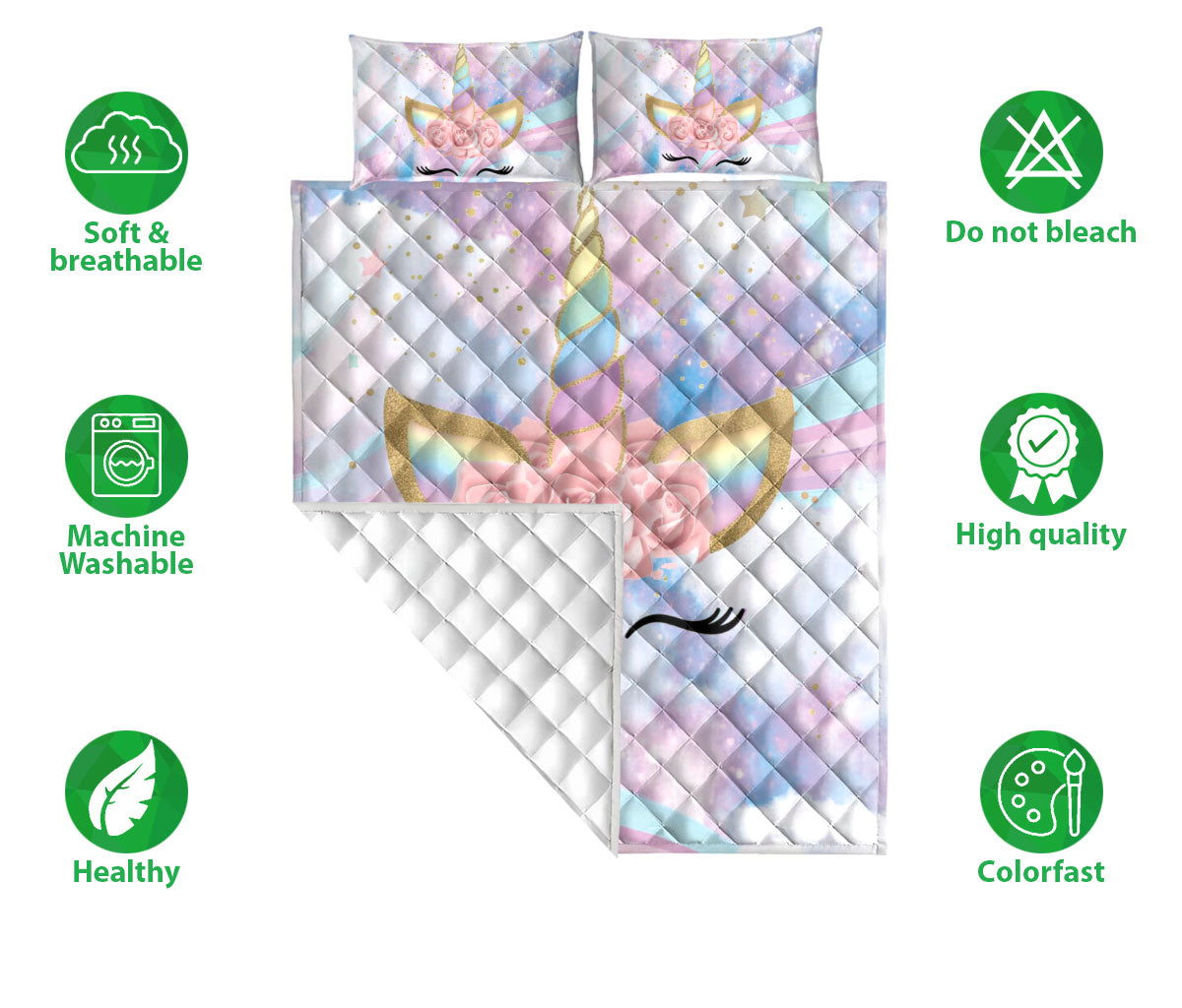 Ohaprints-Quilt-Bed-Set-Pillowcase-Unicorn-Floral-Printed-Pattern-Rainbow-Hair-Gift-For-Kids-Teens-Boys-Girls-Blanket-Bedspread-Bedding-2255-Double (70'' x 80'')