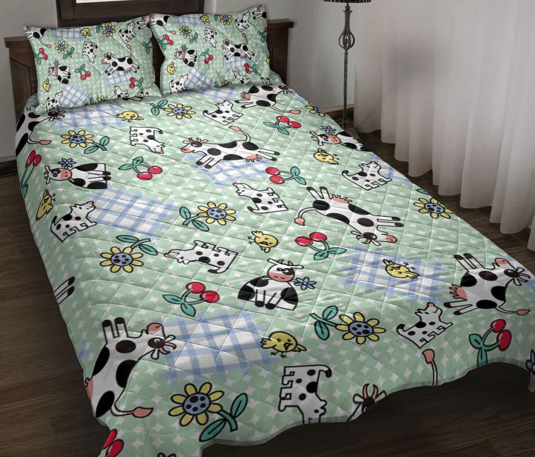 Ohaprints-Quilt-Bed-Set-Pillowcase-Cute-Dairy-Cow-Gift-For-Cattle-Cow-Farm-Animal-Lover-Floral-Blue-Pattern-Blanket-Bedspread-Bedding-1387-Throw (55'' x 60'')