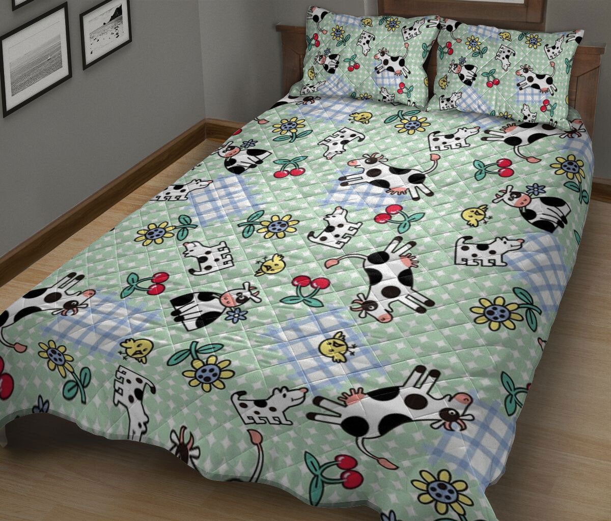 Ohaprints-Quilt-Bed-Set-Pillowcase-Cute-Dairy-Cow-Gift-For-Cattle-Cow-Farm-Animal-Lover-Floral-Blue-Pattern-Blanket-Bedspread-Bedding-1387-King (90'' x 100'')