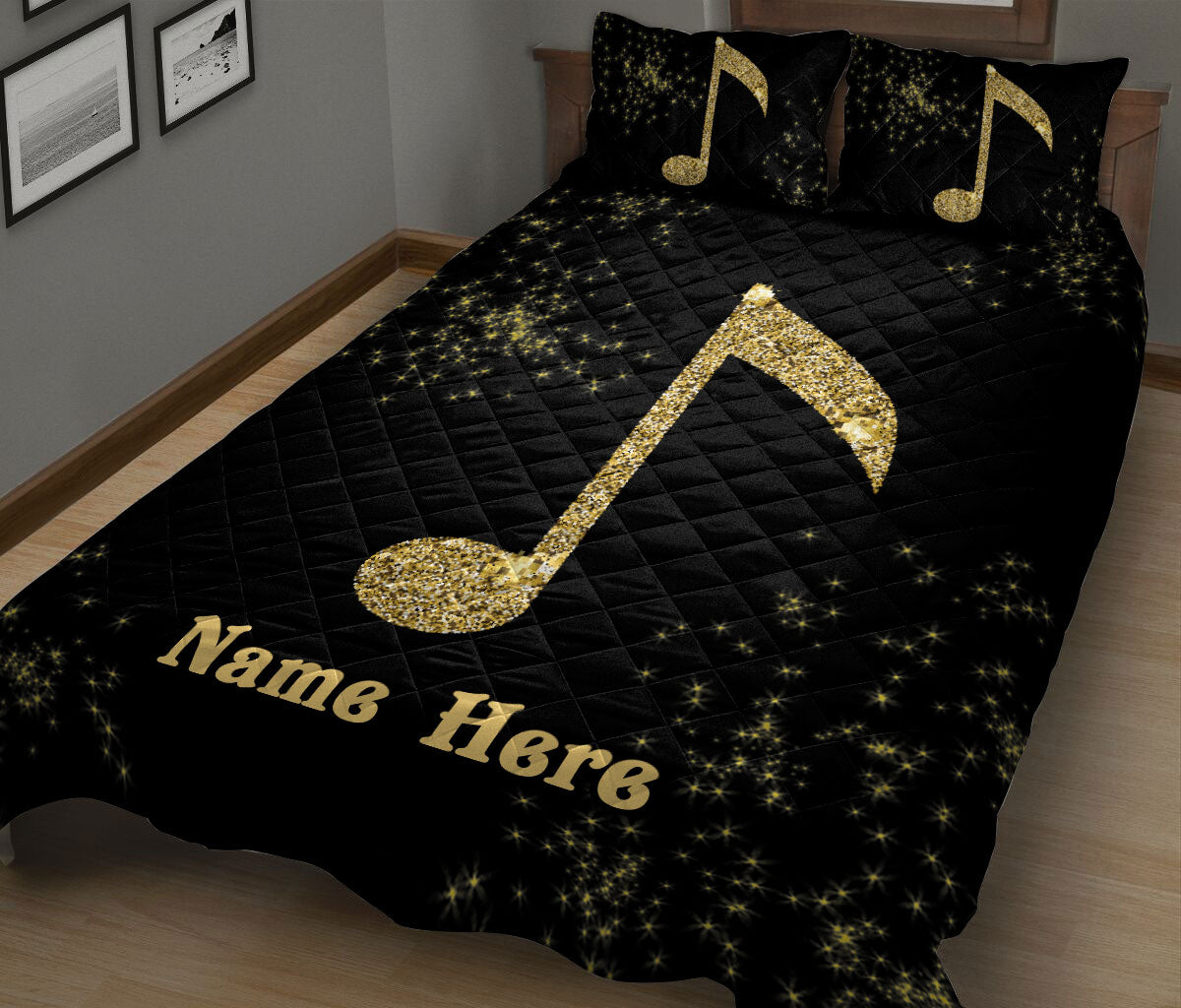 Ohaprints-Quilt-Bed-Set-Pillowcase-Golden-Music-Note-Musical-Gift-For-Music-Lover-Black-Custom-Personalized-Name-Blanket-Bedspread-Bedding-1976-King (90'' x 100'')