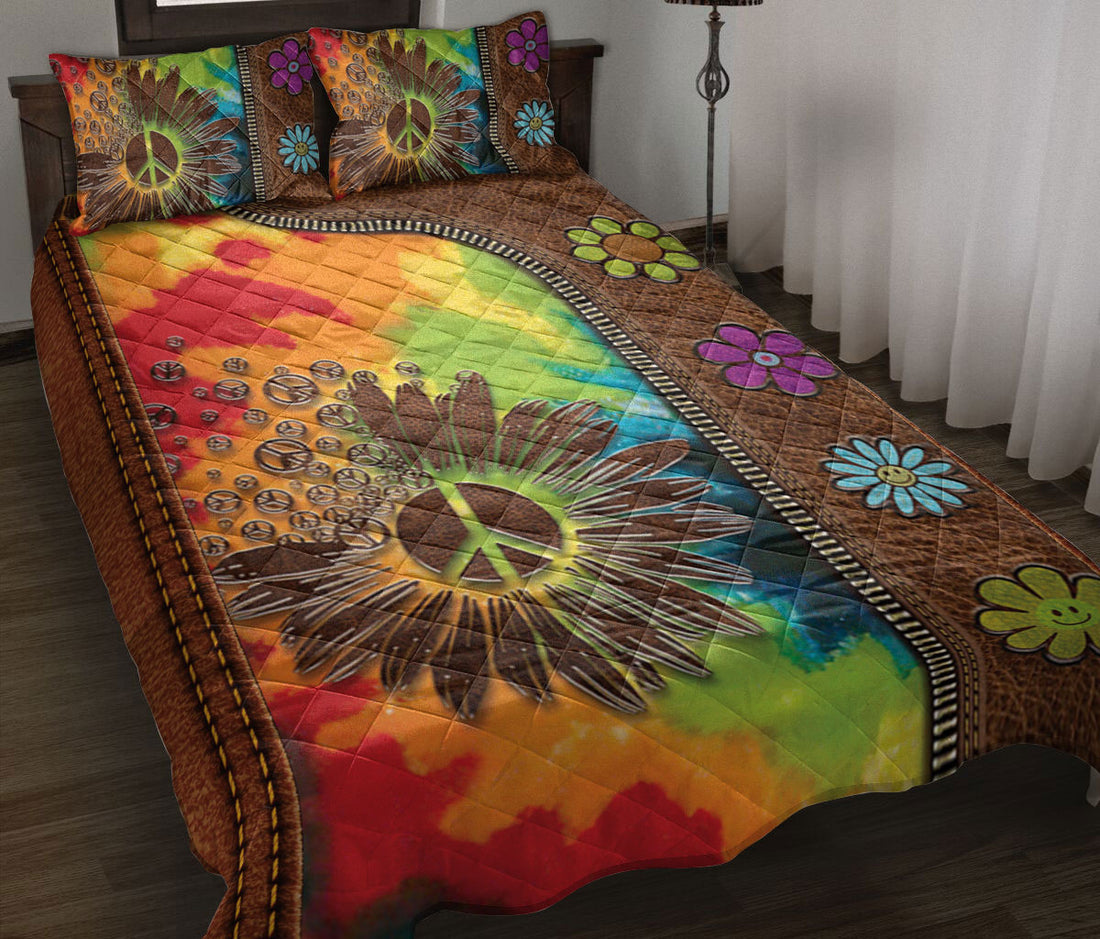 Ohaprints-Quilt-Bed-Set-Pillowcase-Daisy-Flower-Tie-Dye-Hippie-Peace-Sign-Floral-Brown-Pattern-Blanket-Bedspread-Bedding-1478-Throw (55'' x 60'')