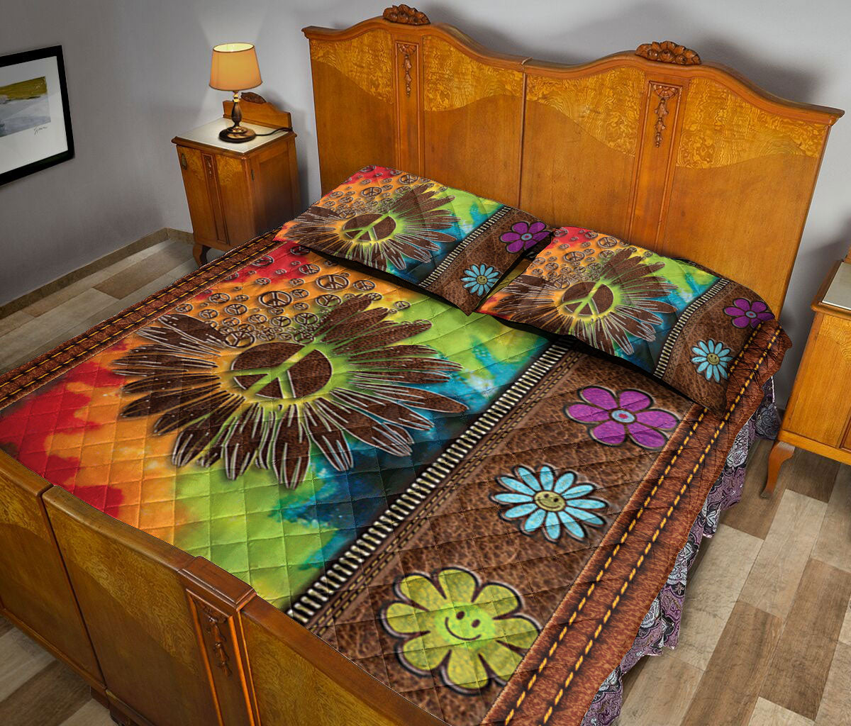 Ohaprints-Quilt-Bed-Set-Pillowcase-Daisy-Flower-Tie-Dye-Hippie-Peace-Sign-Floral-Brown-Pattern-Blanket-Bedspread-Bedding-1478-Queen (80'' x 90'')