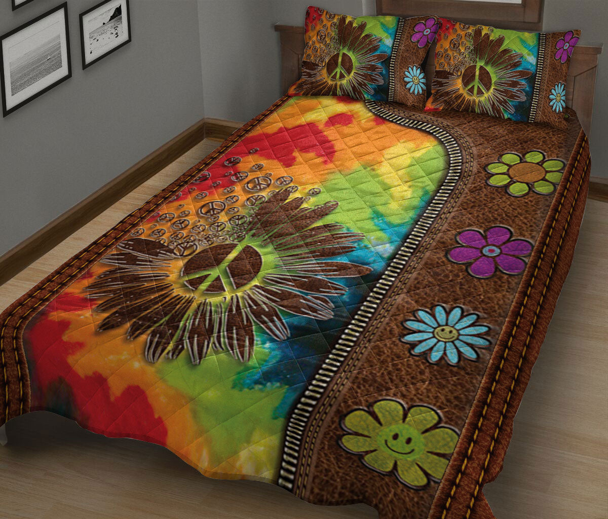 Ohaprints-Quilt-Bed-Set-Pillowcase-Daisy-Flower-Tie-Dye-Hippie-Peace-Sign-Floral-Brown-Pattern-Blanket-Bedspread-Bedding-1478-King (90'' x 100'')