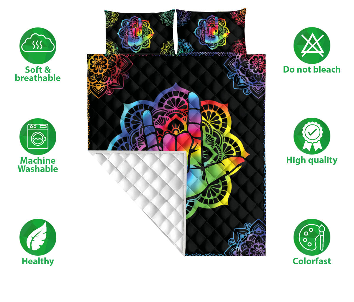 Ohaprints-Quilt-Bed-Set-Pillowcase-Sign-Language-Love-Hand-Rainbow-Boho-Floral-Mandala-Pattern-Black-Blanket-Bedspread-Bedding-2658-Double (70'' x 80'')