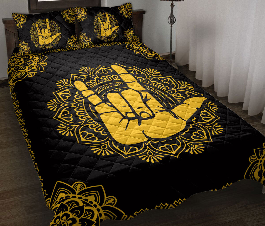 Ohaprints-Quilt-Bed-Set-Pillowcase-Sign-Language-Love-Hand-Sign-Yellow-Boho-Floral-Mandala-Pattern-Black-Blanket-Bedspread-Bedding-899-Throw (55'' x 60'')