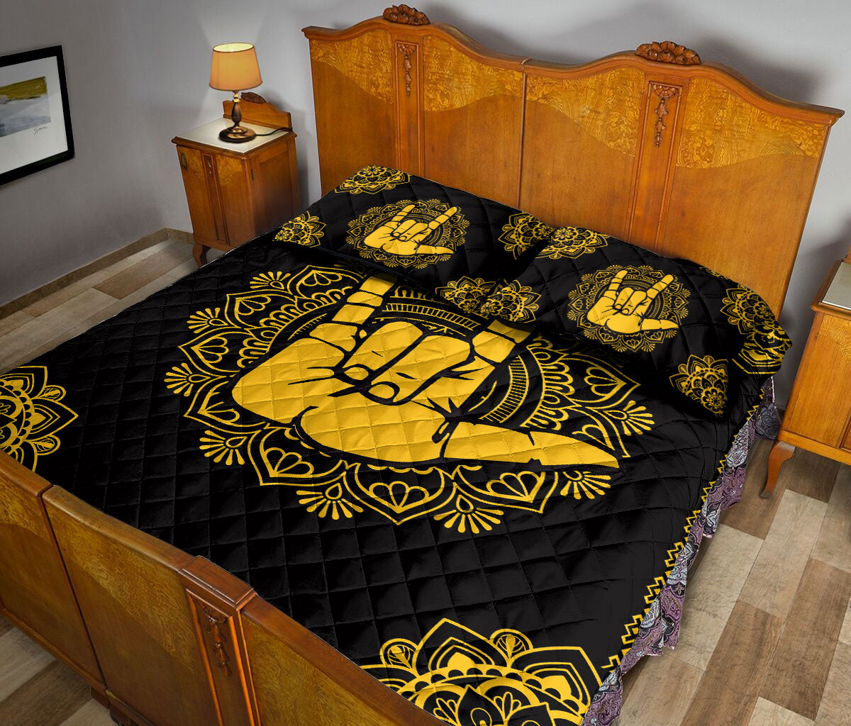 Ohaprints-Quilt-Bed-Set-Pillowcase-Sign-Language-Love-Hand-Sign-Yellow-Boho-Floral-Mandala-Pattern-Black-Blanket-Bedspread-Bedding-899-Queen (80'' x 90'')