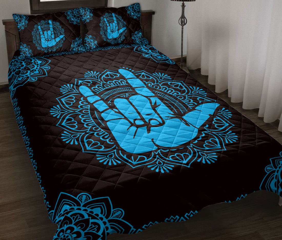 Ohaprints-Quilt-Bed-Set-Pillowcase-Sign-Language-Love-Hand-Sign-Blue-Boho-Floral-Mandala-Pattern-Black-Blanket-Bedspread-Bedding-1479-Throw (55'' x 60'')