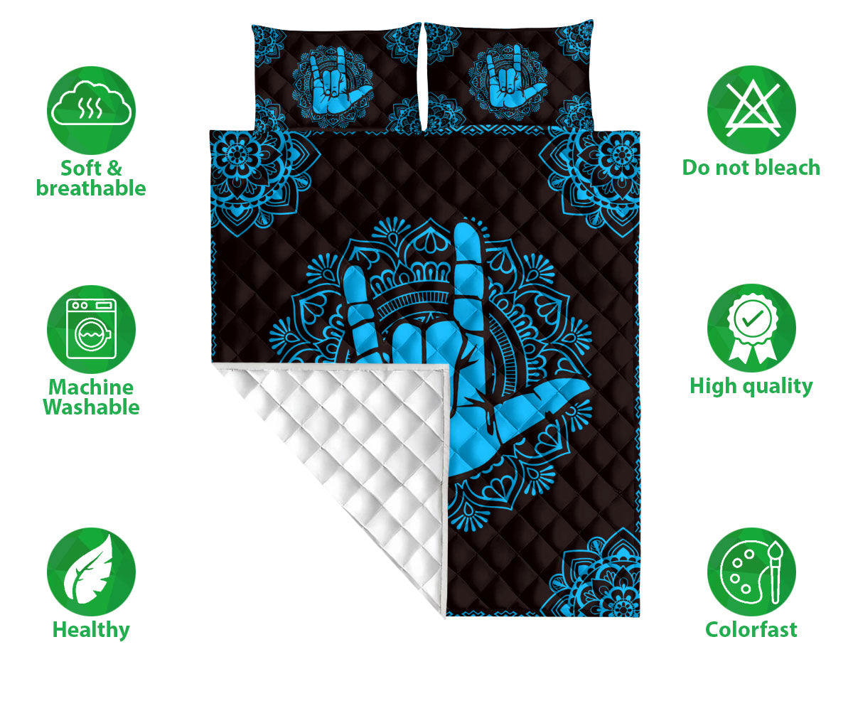 Ohaprints-Quilt-Bed-Set-Pillowcase-Sign-Language-Love-Hand-Sign-Blue-Boho-Floral-Mandala-Pattern-Black-Blanket-Bedspread-Bedding-1479-Double (70'' x 80'')