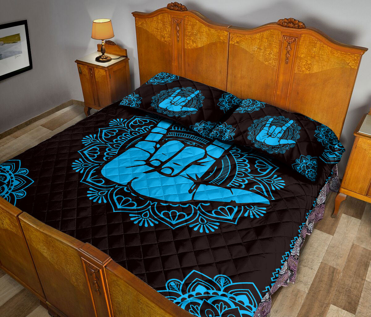 Ohaprints-Quilt-Bed-Set-Pillowcase-Sign-Language-Love-Hand-Sign-Blue-Boho-Floral-Mandala-Pattern-Black-Blanket-Bedspread-Bedding-1479-Queen (80'' x 90'')