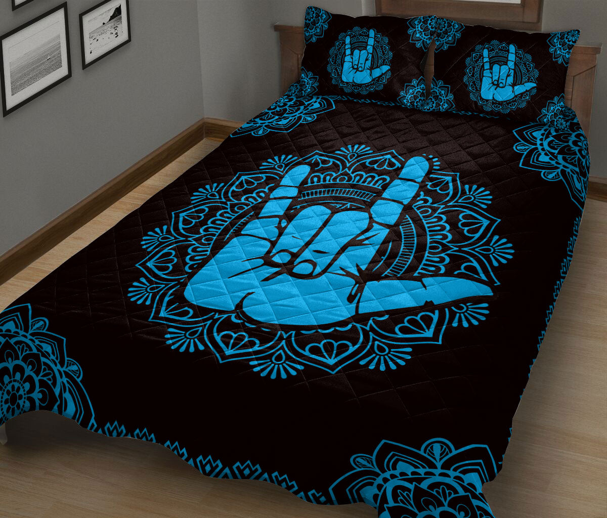 Ohaprints-Quilt-Bed-Set-Pillowcase-Sign-Language-Love-Hand-Sign-Blue-Boho-Floral-Mandala-Pattern-Black-Blanket-Bedspread-Bedding-1479-King (90'' x 100'')